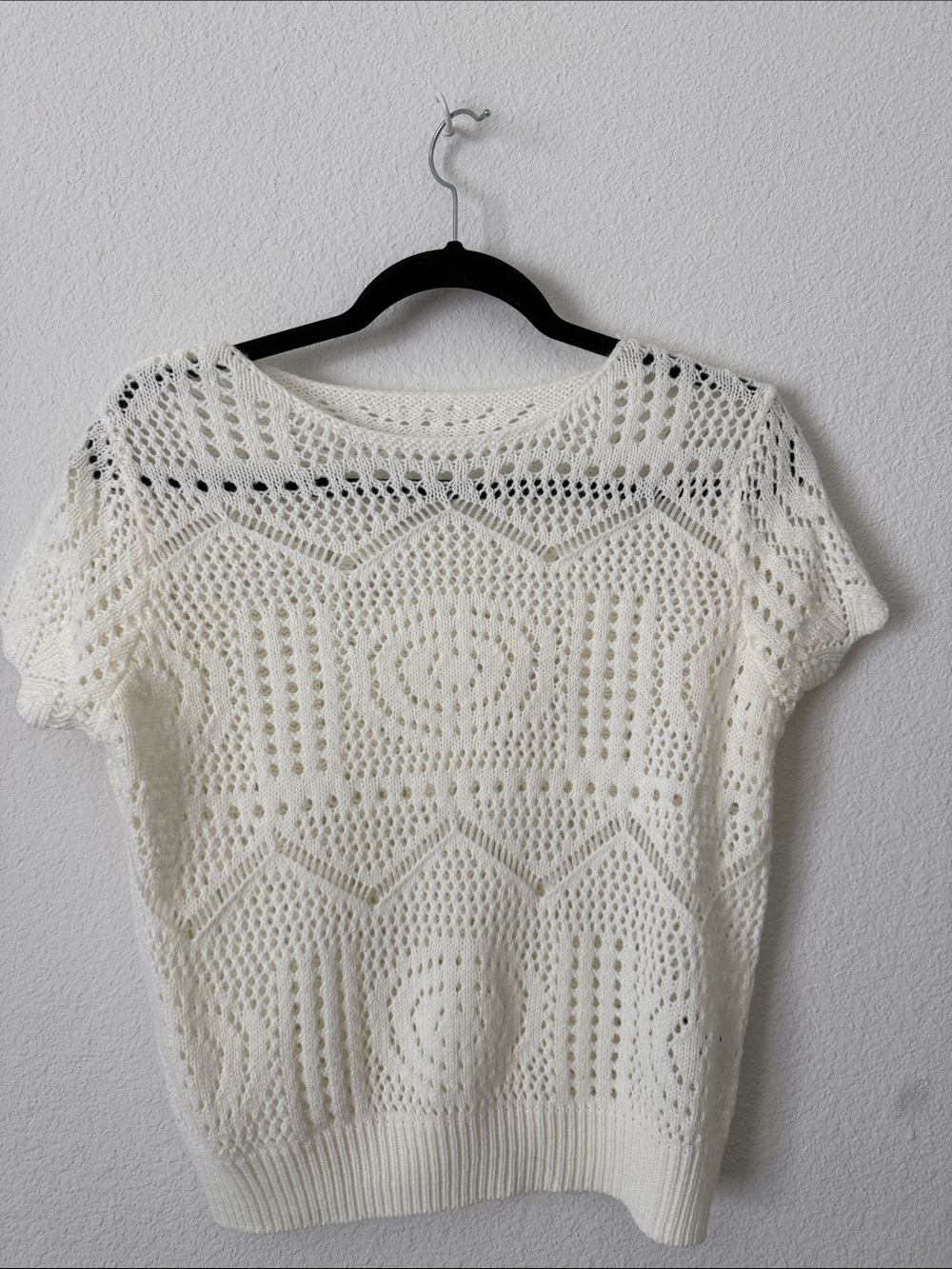 White Crocheted Short Sleeve Sweater